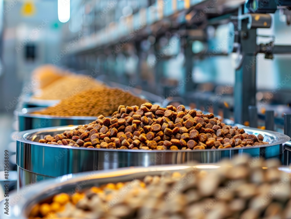 Production line for pet food manufacturing, showcasing bowls of dog kibble and grains, emphasizing quality control and food safety in the pet food industry. Production line for pet food manufacturing, showcasing bowls of dog kibble and grains, emphasizing quality control and food safety in the pet food industry.