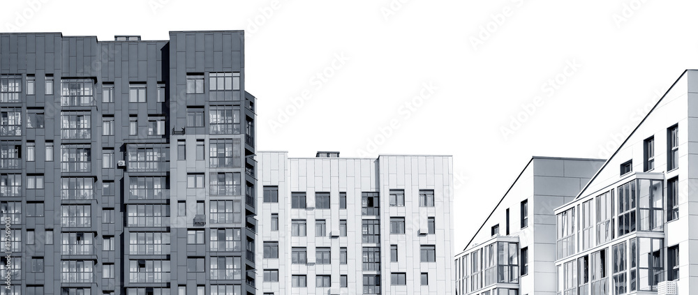 Obraz premium New urban apartment development, highrise residential building with outdoor view. Modern multistorey condominium complex, concrete architecture, property investment.