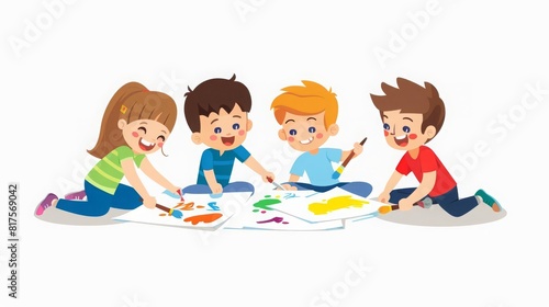 Bundle of kids painting and drawing on paper isolated on white background Creative hobby for children Cute boys and girls creating pictures Colorful vector illustration in flat cartoon style