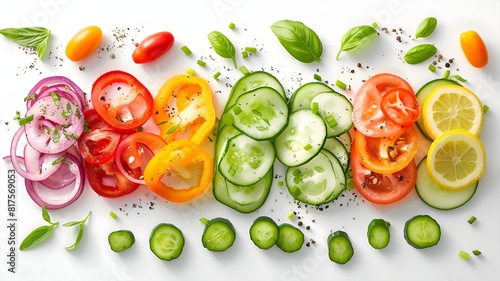 A colorful assortment of assorted vegetables, neatly sliced and beautifully presented against a pristine white backdrop. 