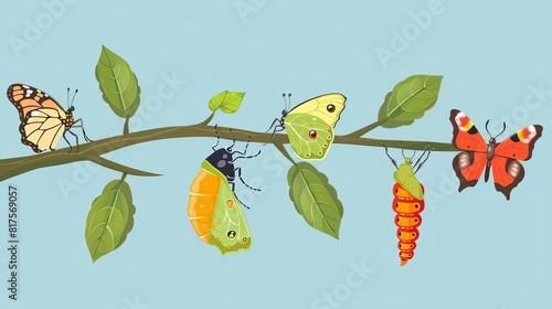 Butterfly development stages caterpillar larva, pupa, imago Life cycle, metamorphosis or transformation process of beautiful flying winged insect on tree branch Flat cartoon vector illustration