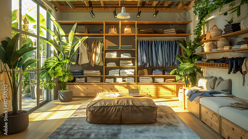 Cozy sunlit living room with indoor plants and wooden storage sh