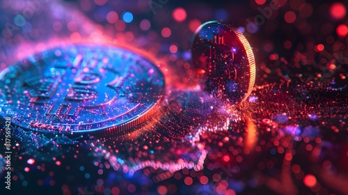 Cryptocurrency golden bitcoin coin with neon lights. Symbol of crypto currency - electronic virtual money for web banking and international network payment. Business  finance. 3D Illustration 