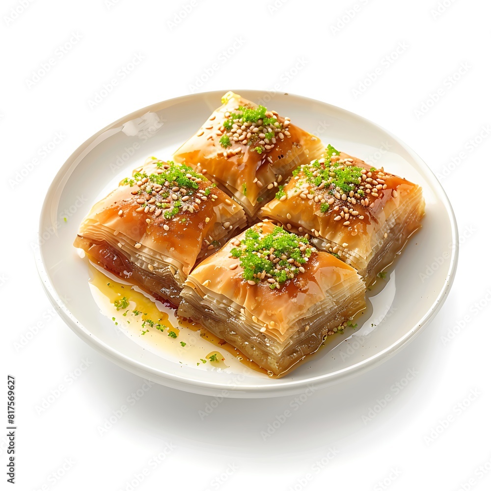Baklava on White Plate Isolated on White Background : Suitable for Be Used in Blog Posts, Social Media Posts or Website Content Related to Food and Beverages. Baklava on White Plate Isolated on White Background : Suitable for Be Used in Blog Posts, Social Media Posts or Website Content Related to Food and Beverages.