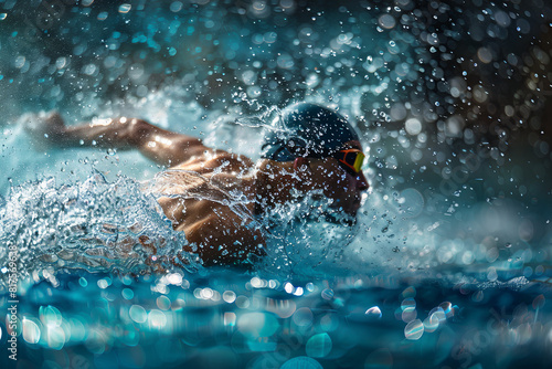 Swimmer slicing through water with smooth strokes, with aquatic trails suggesting grace and agility