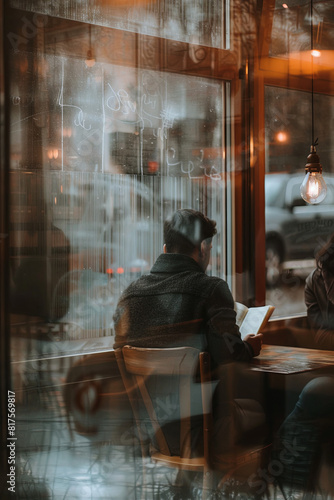 Reader immersed in a book at a cozy caf    with motion trails of other patrons creating an atmosphere of tranquility