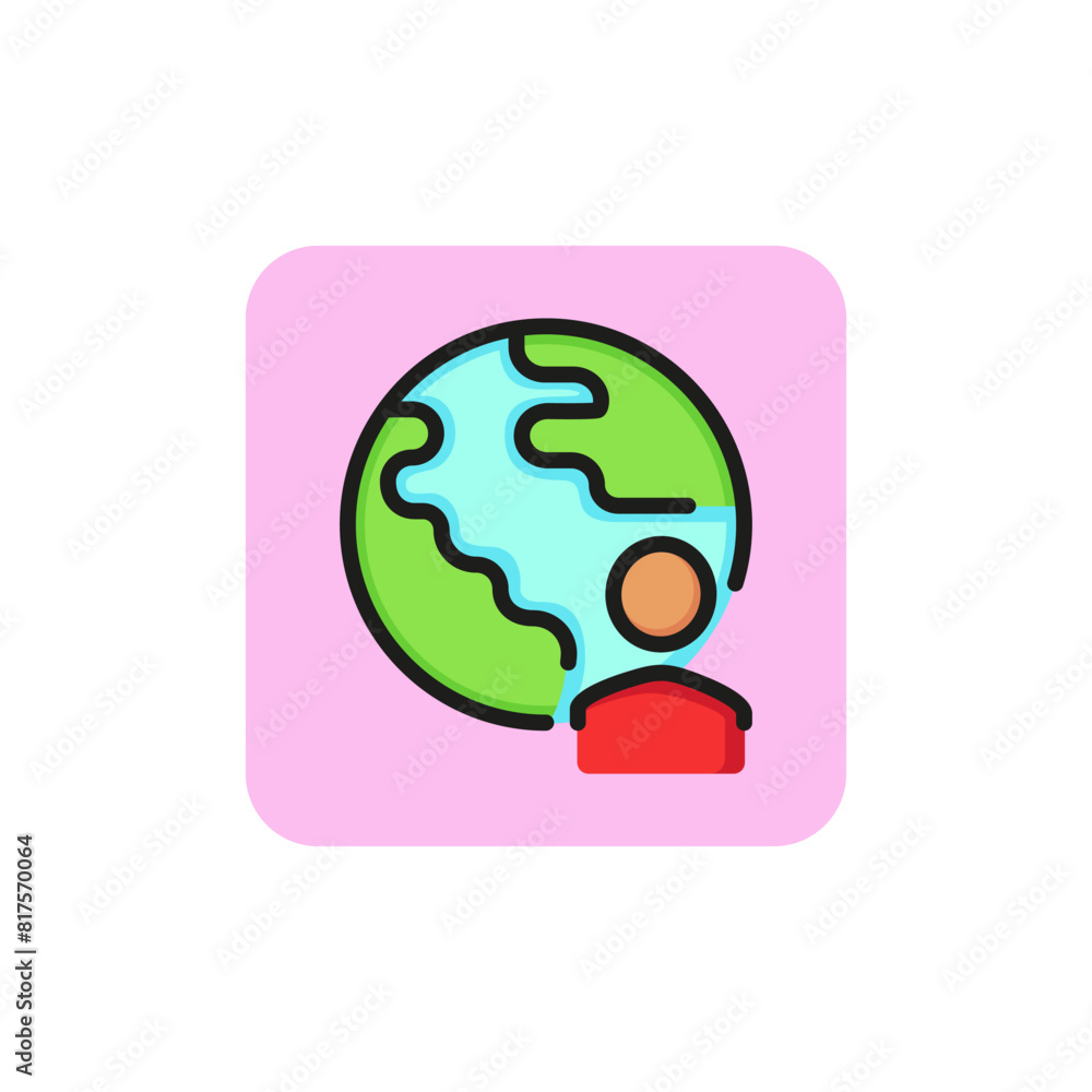 Icon of globe and person. Ecology, environment, planet. Travelling concept. Can be used for topics like international business, global communication, tourism Icon of globe and person. Ecology, environment, planet. Travelling concept. Can be used for topics like international business, global communication, tourism