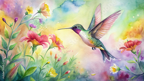 A joyful hummingbird hovering near colorful flowers  captured in a watercolor garden