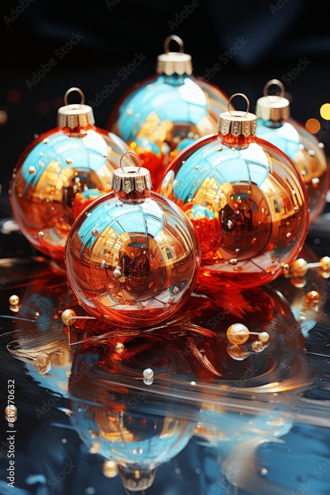 Festive Christmas Ornaments on Reflective Surface