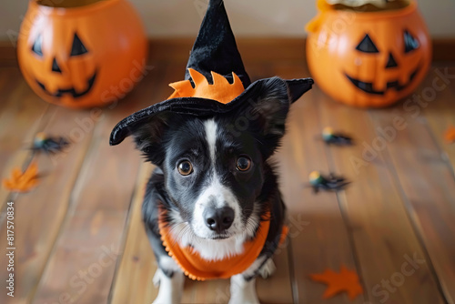 Dog playfully dressed in a Halloween costume, capturing the festive spirit of the spooky holiday