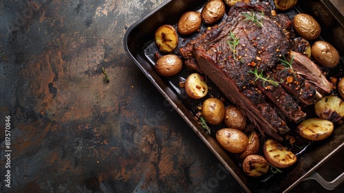 brisket on a pan with copy space. national brisket day background concept