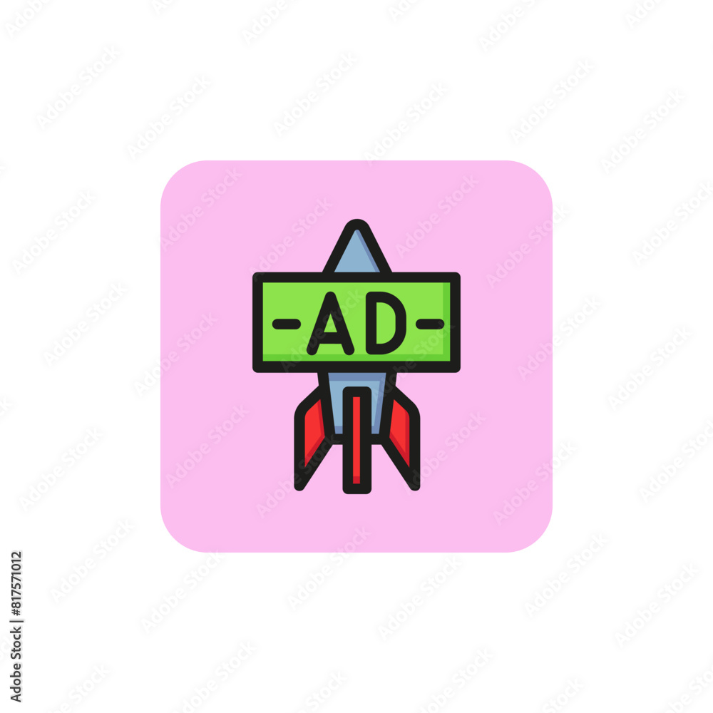 Line icon of racket with ad. Starting advertisement campaign. Startup concept. For topics like business, promotion, commerce Line icon of racket with ad. Starting advertisement campaign. Startup concept. For topics like business, promotion, commerce