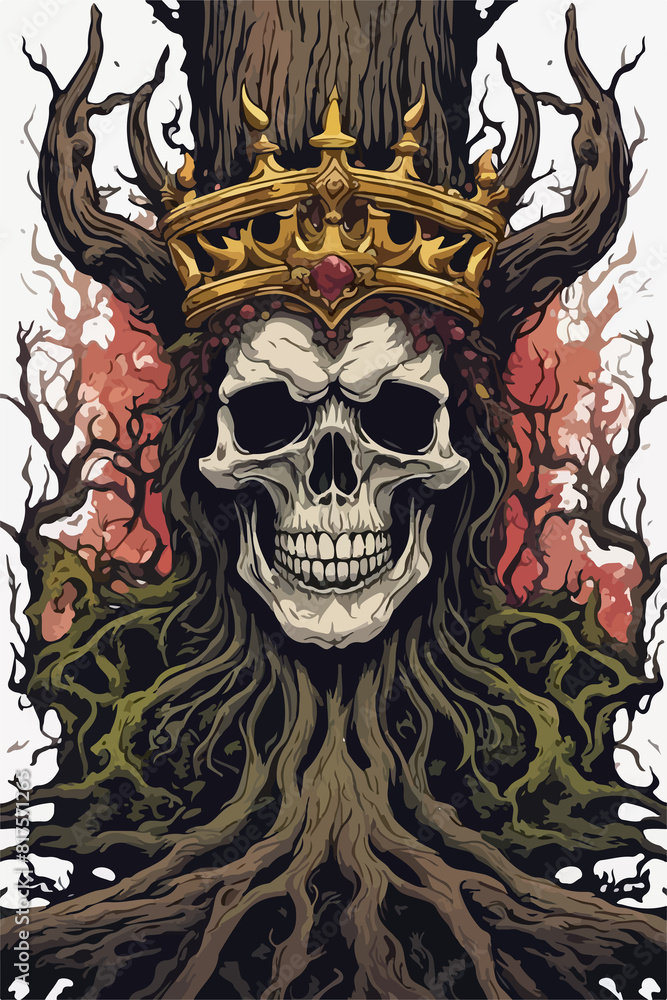 In the heart of shadowed woods, a cursed grave cradles the enigmatic skull of an ancient king, adorned with a mystical crown