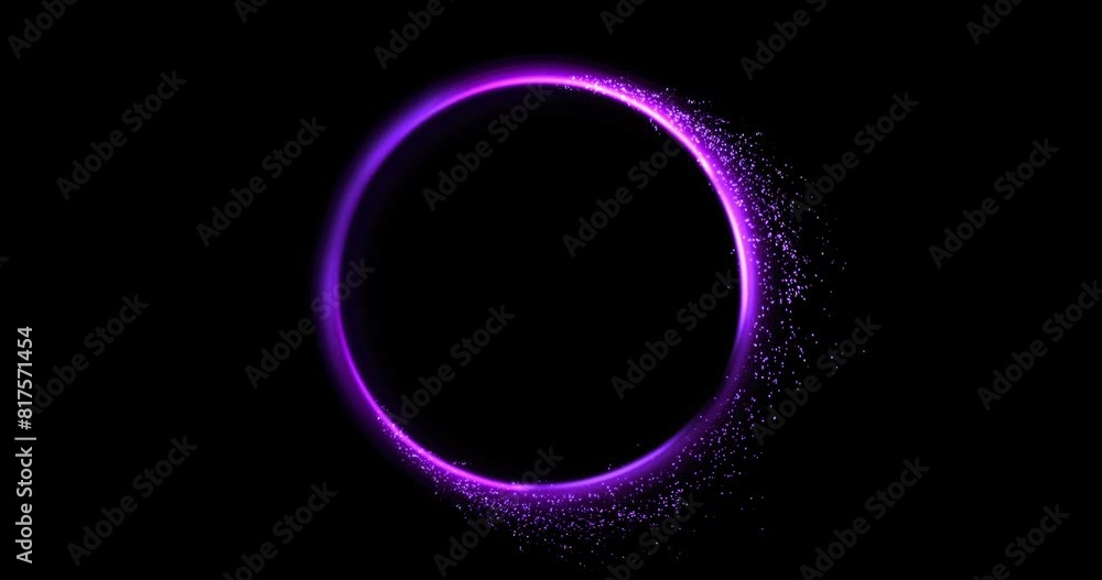 Abstract random flow animation of colorful particles through neon portal. Vibrant hues of purple create a dynamic scene, where circle of light bloom and splash in smooth and continuous motion