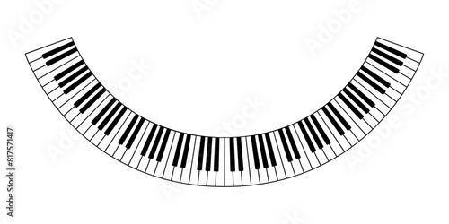 Curved piano keyboard, arch of a musical keyboard with eight octaves, in the shape of a smile. Bent and semicircle black and white keys of a piano keyboard. Isolated illustration. Vector.