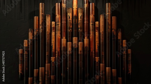 Stylized interpretation of a Peruvian pan flute  with its pipes transforming into vertical  rhythmic abstract bar 