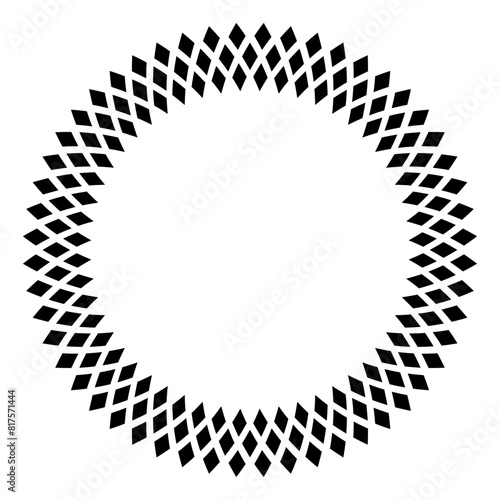 Diamond pattern circle frame. Three rows of black diamond shapes, creating a decorative border with Hermann grid and scintillating grid illusion, where gray rings seem to appear as optical illusion.