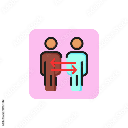 Line icon of two people with arrows. User connection, exchange of experience, friendship. Communication concept. For topics like business, relationship, internet