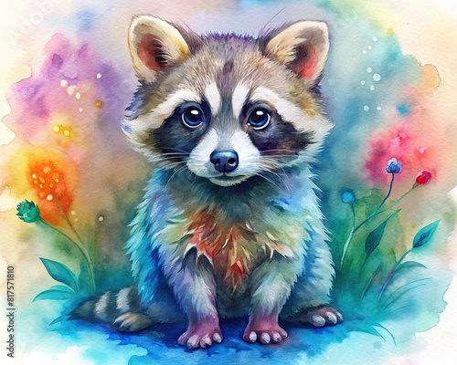 A whimsical baby raccoon in vibrant watercolors  exuding a sense of adventure and mischief.
