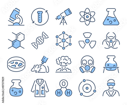 Science, chemistry and laboratory blue editable stroke outline icons set isolated on white background flat vector illustration. Pixel perfect. 64 x 64 © lanastace