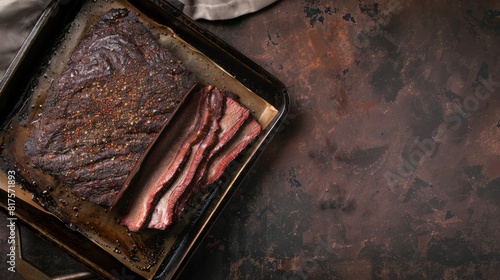 brisket on a pan with copy space. national brisket day background concept photo