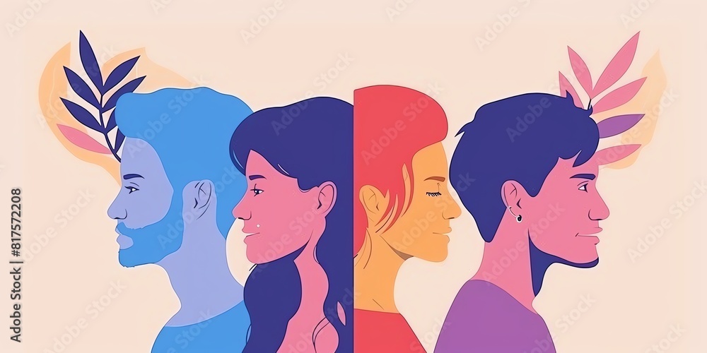 Four people of different races and genders stand together. The background is a light pink color. Four people of different races and genders stand together. The background is a light pink color.