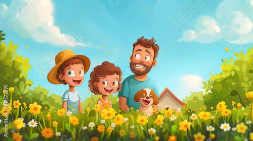 happy family with their dog in the field