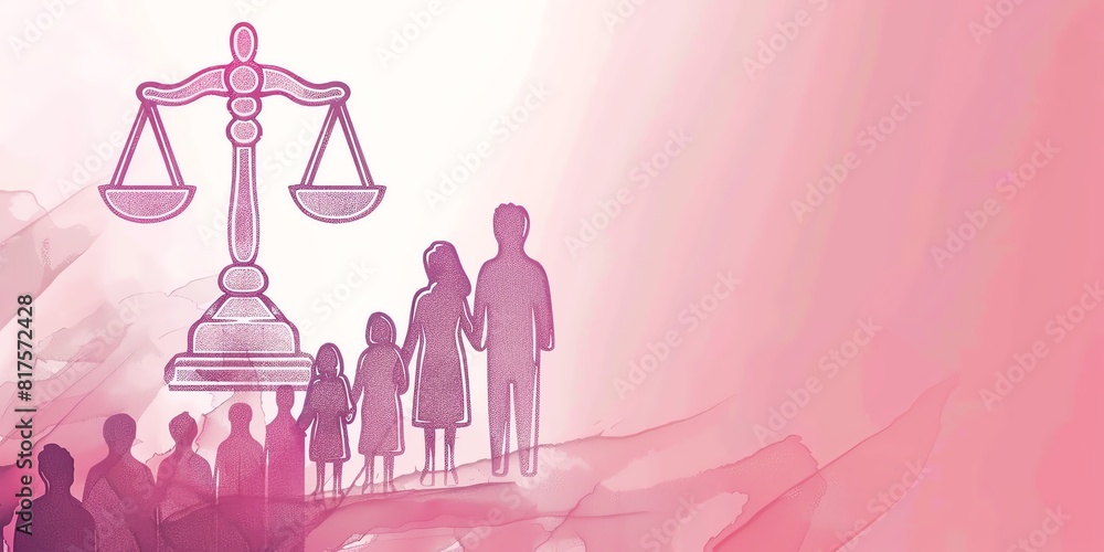 Pink background with scale of justice and a family. Pink background with scale of justice and a family.