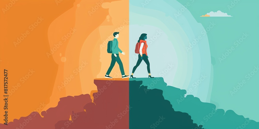custom made wallpaper toronto digitalThe illustration shows a man and a woman walking on a narrow mountain ridge. The sky is orange and the ground is blue, and they are both wearing backpacks.