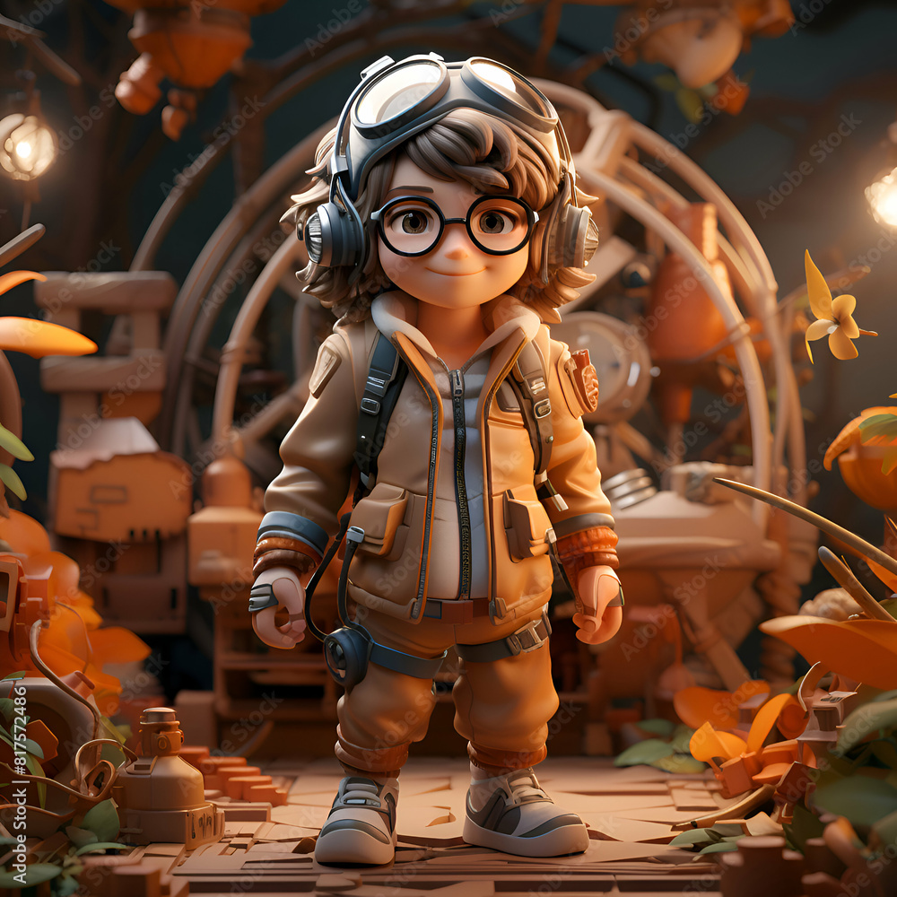 3D rendering of a little boy dressed as an astronaut in a fantasy world