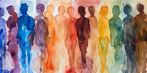 The watercolor painting shows a group of colorful people.