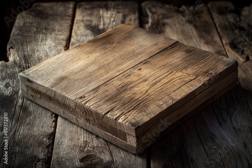 A rustic wooden box on a weathered wooden table, the wood grains visible and detailed, with soft ambient light enhancing its textures. 32k, full ultra HD, high resolution