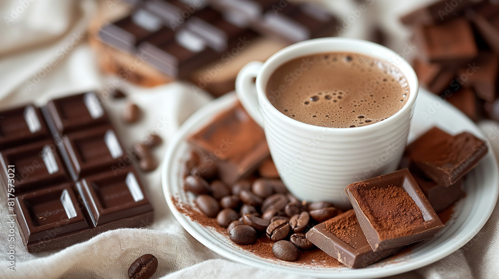 Fototapeta premium a cup of coffee surrounded by chocolate and coffee beans 