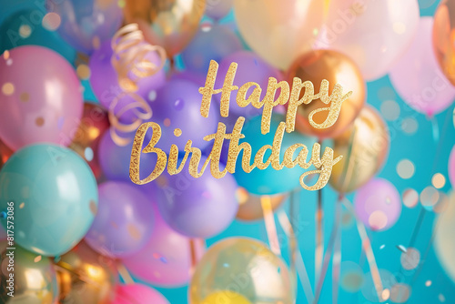 Glittering gold calligraphy spelling out "Happy Birthday" against a backdrop of softly blurred balloons in a spectrum of cheerful hues.
