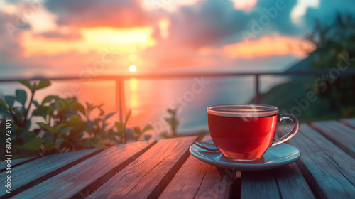 a sunsets into the sea , accompanied by a cup of tea on the table with plants around 