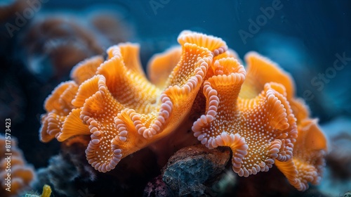Healthy Orange Coral with Extended Tentacles in Blue Water © huehustle