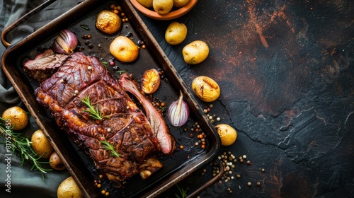 Wallpaper Mural brisket on a pan with copy space. national brisket day background concept Torontodigital.ca