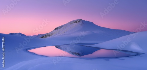 A serene mountain summit at twilight, the soft pink and purple hues of the sky reflecting off a small, undisturbed snow field. 32k, full ultra HD, high resolution photo