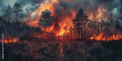 Inferno engulfs forest  red flames devour nature  leaving destruction in their wake.