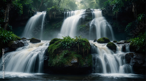 A beautiful waterfall is flowing through a lush green forest