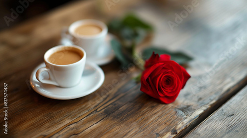 two cups of coffee on the table with red roses and in the cafe