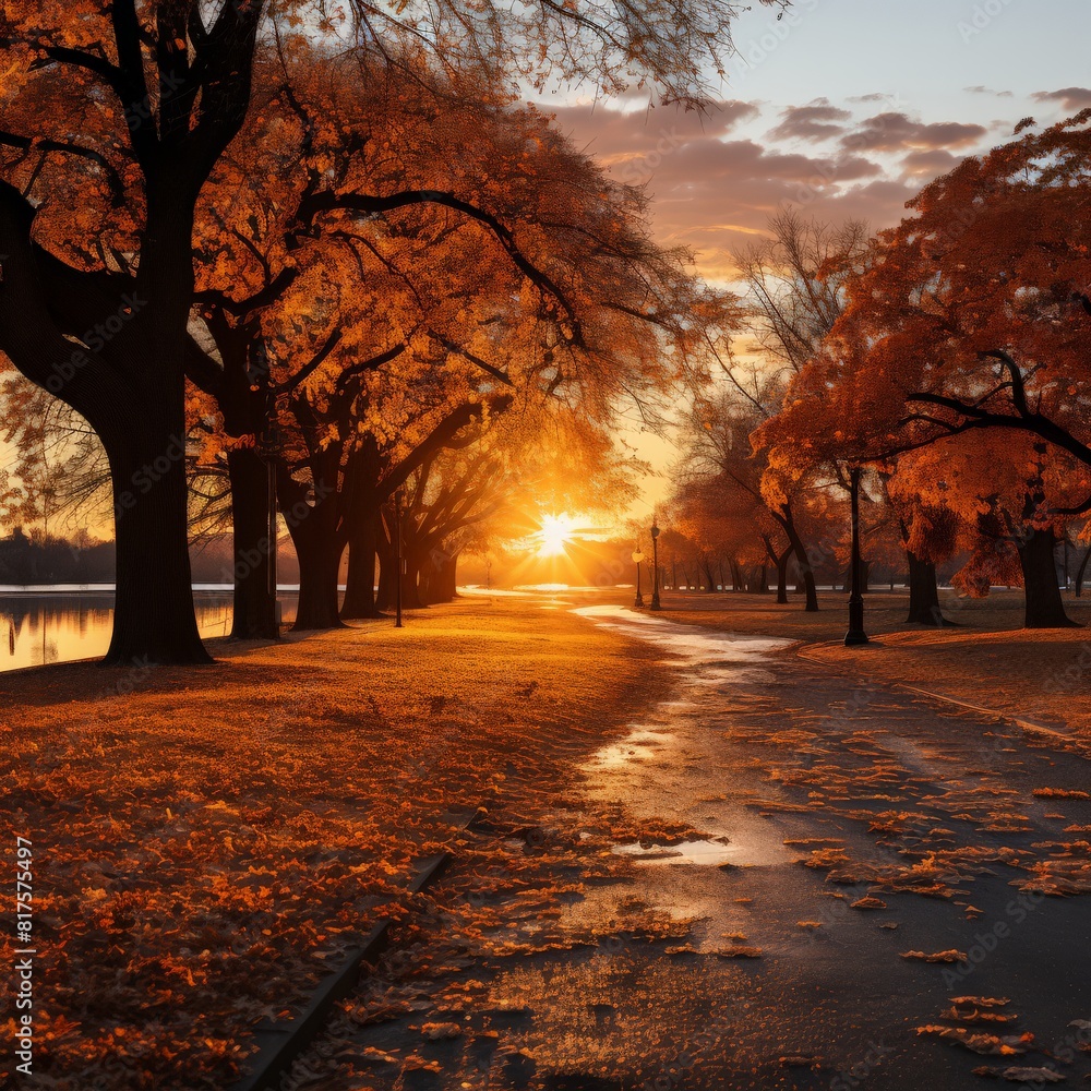 Tranquil Autumn Park Scene with Pathway and Fall Foliage