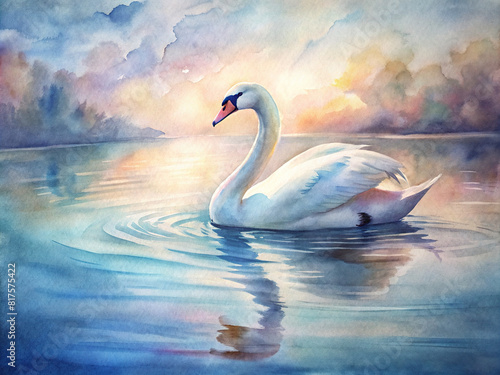 A graceful swan gliding on a serene lake, its elegant form captured in soft watercolor strokes against a tranquil backdrop. photo