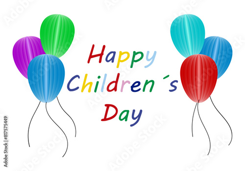 Día del niño rodeado de globos de colores.