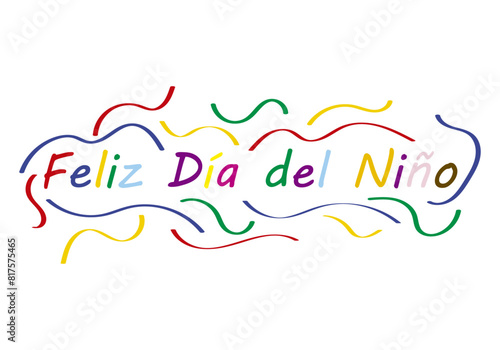 Ilustración de feliz día del niño multicolor con cintas de varios colores alegres.