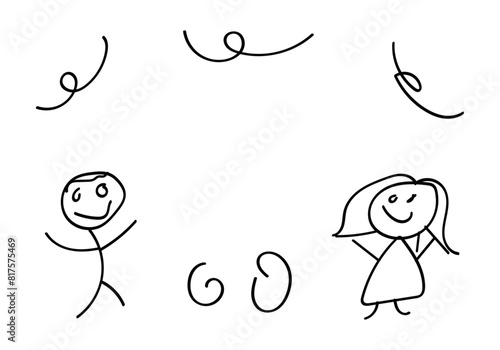 Dibujo infantil de un niño y una niña de trazado negro.