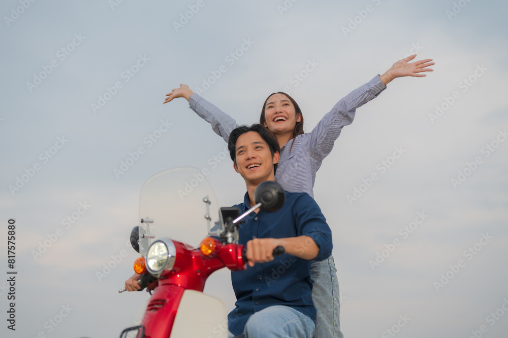 Joyful couple on motorcycle adventure Joyful couple on motorcycle adventure