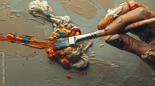 Creativity An artists hand holding a paintbrush, creating vibrant strokes of color on a canvas, symbolizing the essence of creativity photo