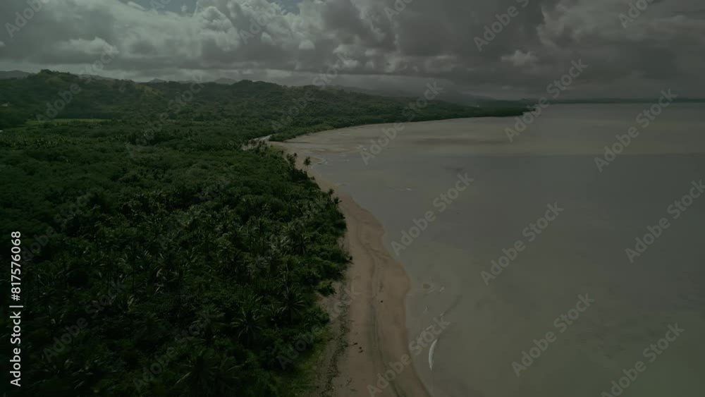 Aerial along sandy coastline by green woods and calm sea, Philippines Aerial along sandy coastline by green woods and calm sea, Philippines