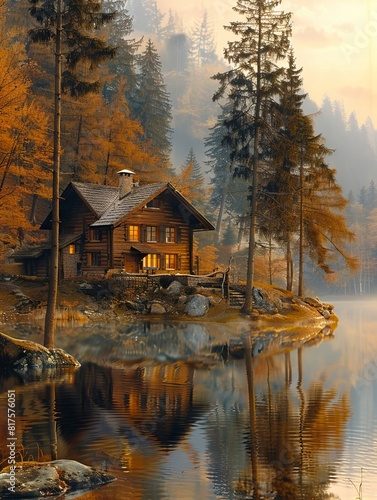 A painting of a cabin on the lake.